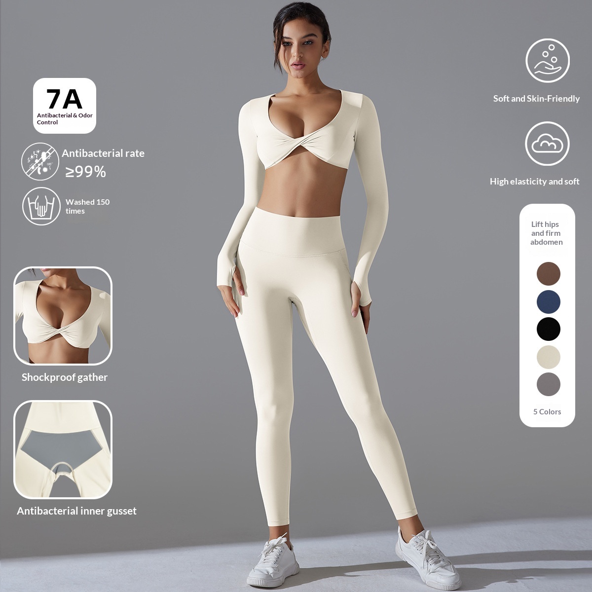 New Solid Color No-Panties Double-Sided Brocade Long Sleeve Sports Set Tight High Elastic Fitness Antibacterial Yoga_voghion.com