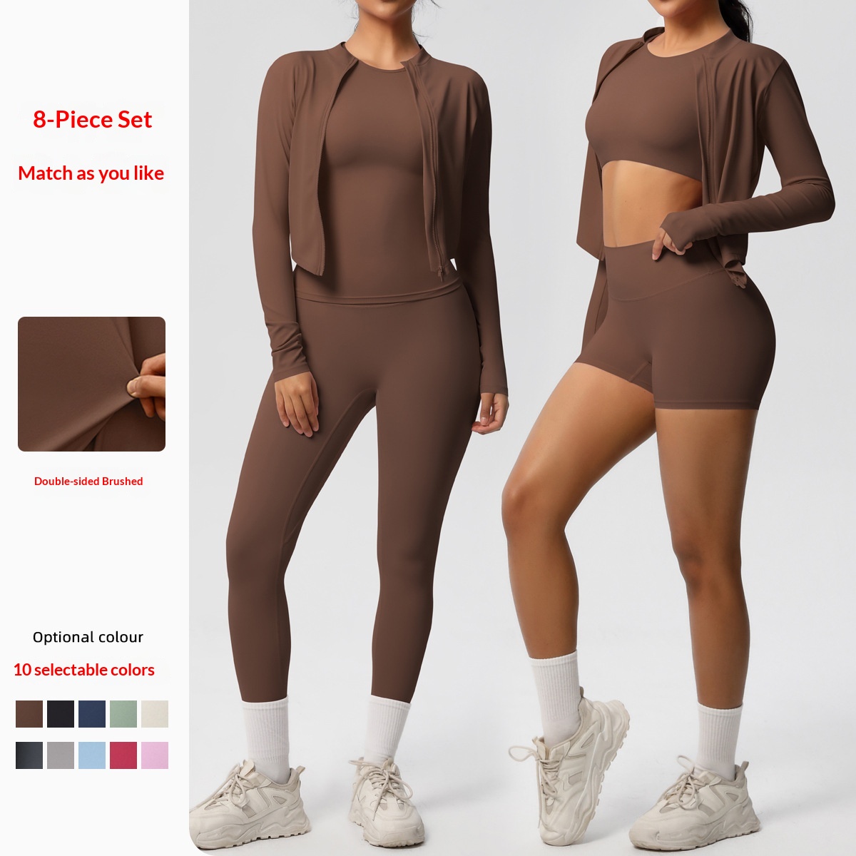 Disponibile in magazzino Cross-Border Double-face spazzolato traspirante aderente tinta unita allenamento yoga abbigliamento sportivo set da otto pezzi_voghion.com