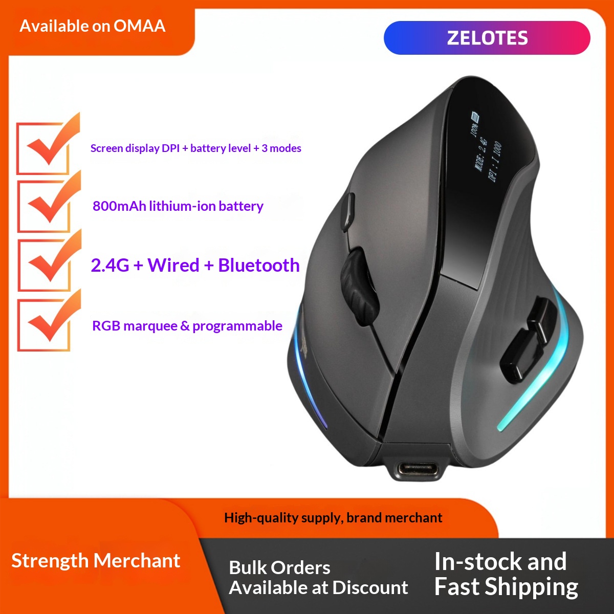 Digitex Digitex ZELOTES Display Wireless Silent RGB Programming Vertical Ergonomic Mouse F-35C_voghion.com