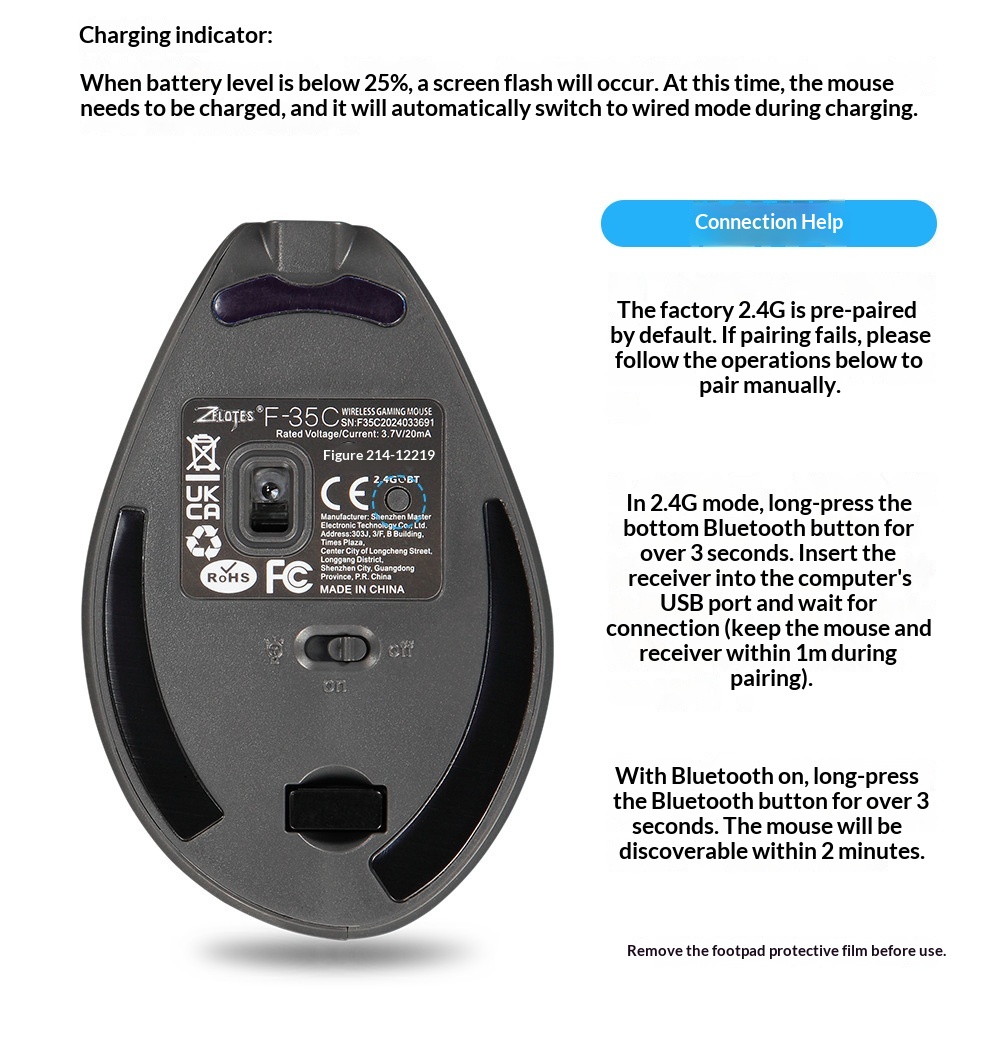 Digitex Digitex ZELOTES Display Wireless Silent RGB Programming Vertical Ergonomic Mouse F-35C_voghion.com