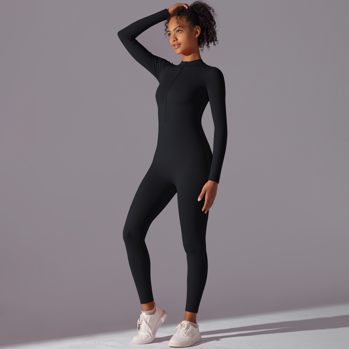Cross-Border European And American Solid Color High Elastic Half Zipper Tight Jumpsuit Sports Running Fitness Long_desvips.com