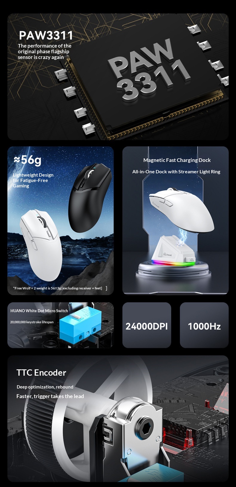 Digitex Free Wolf X2 Lightweight PAW3311 draadloze Bluetooth gamingmuis met drie modi en oplaadstation met RGB-verlichting_voghion.com