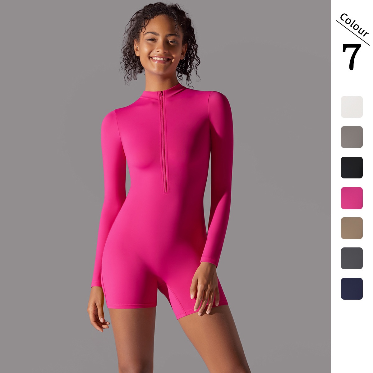 New Solid Color Zipper Open Neck Tight High Elastic One-Piece Sports Fitness Running Three-Quarter Shorts Yoga Wear_voghion.com