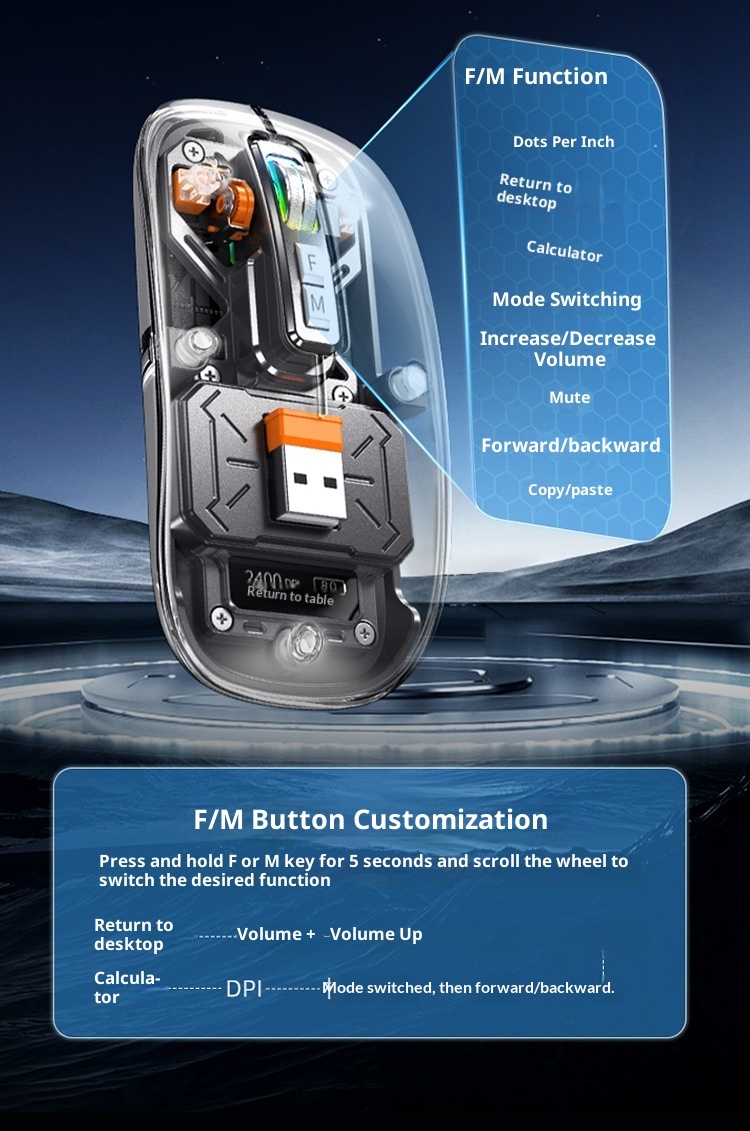 Ratón Digitex M135 con pantalla inteligente, transparente, de aleación, inalámbrico, Bluetooth, tres modos, para armar uno mismo._voghion.com