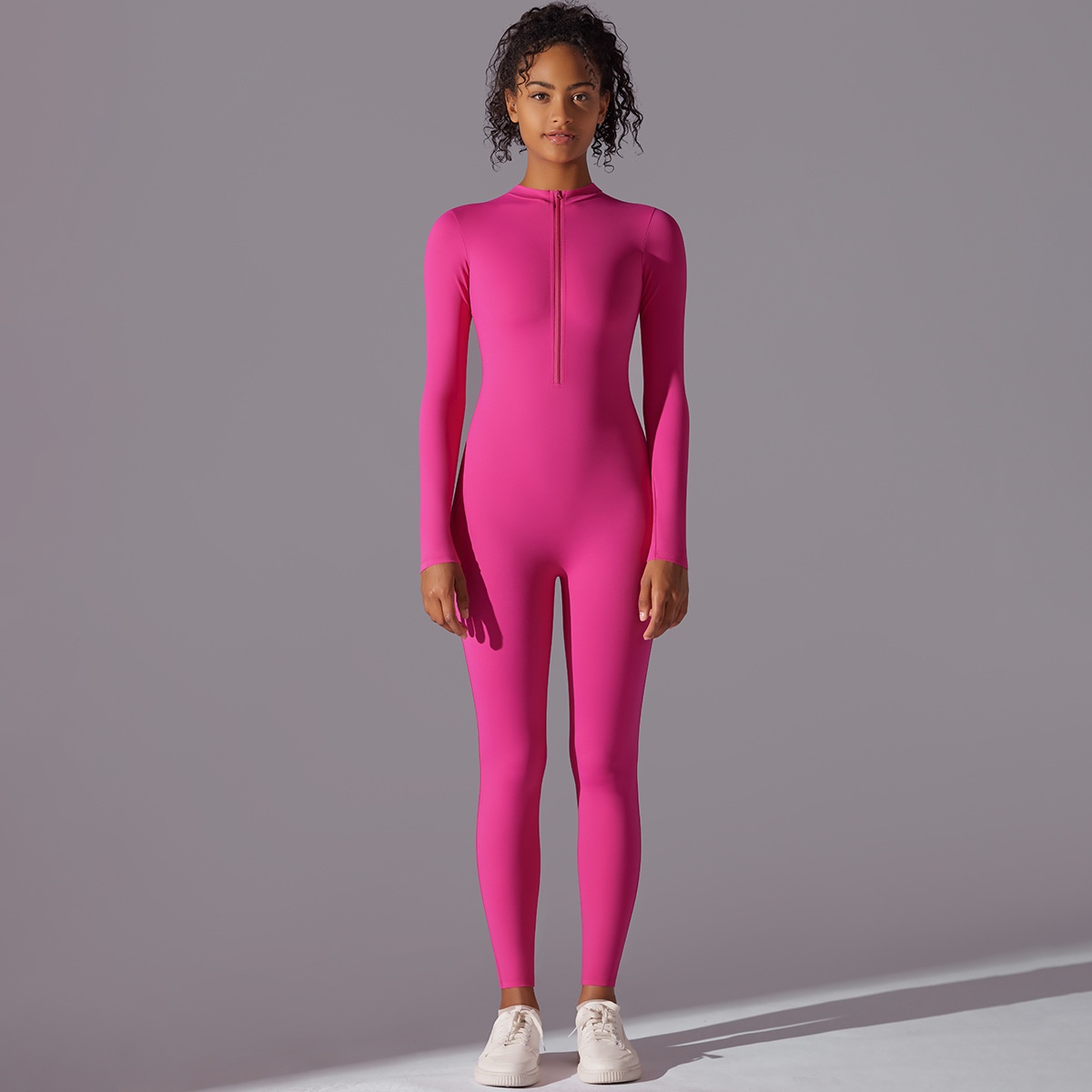 Cross-Border European And American Solid Color High Elastic Half Zipper Tight Jumpsuit Sports Running Fitness Long_desvips.com