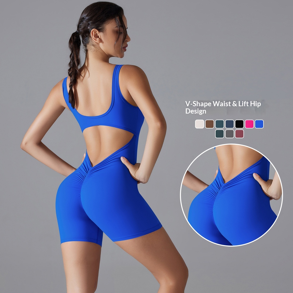 New Double-Sided Nylon Bare Sensation High Elastic Solid Color Peach Hip V-Waist Tight Shorts One-Piece Yoga Wear_voghion.com