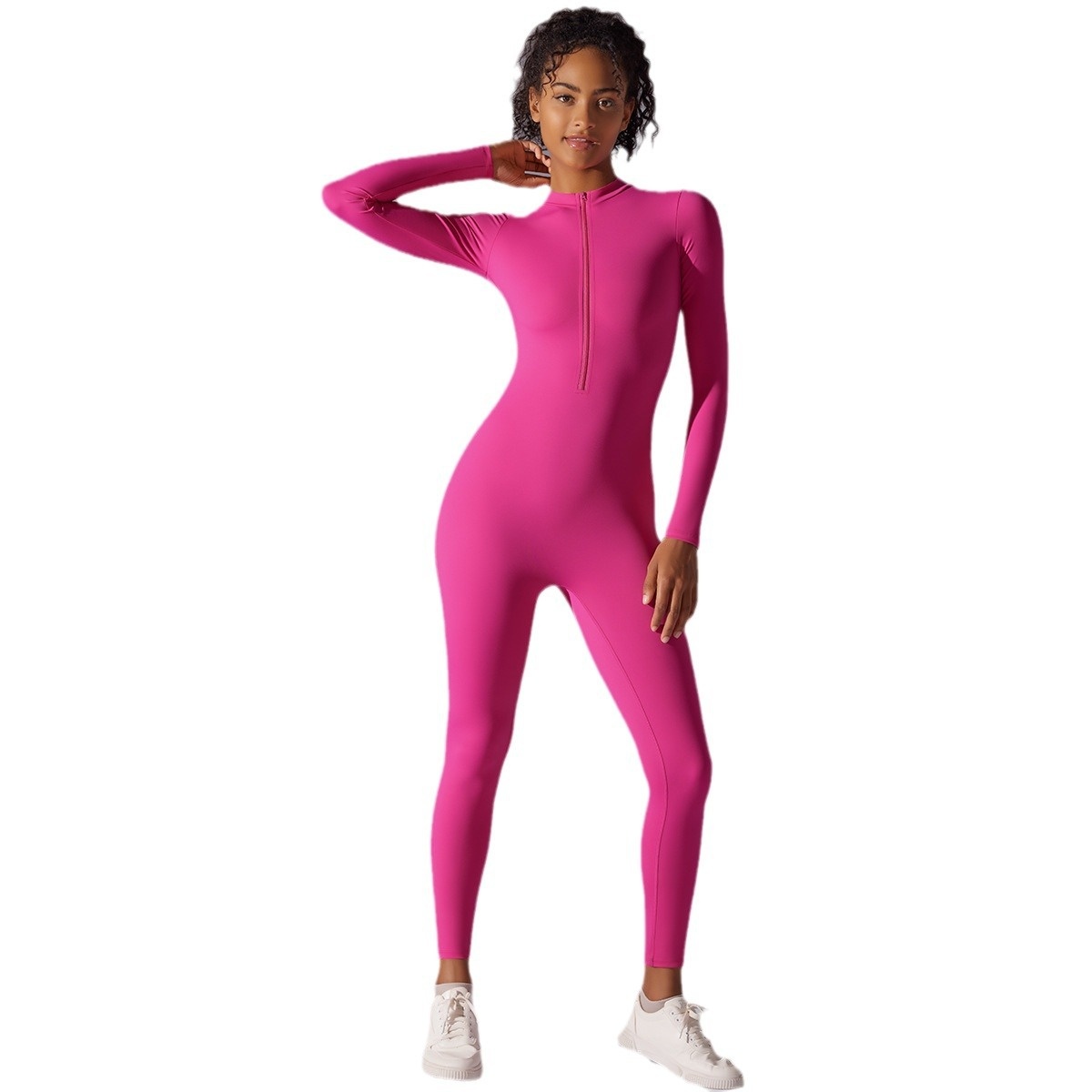 Cross-Border European And American Solid Color High Elastic Half Zipper Tight Jumpsuit Sports Running Fitness Long_desvips.com