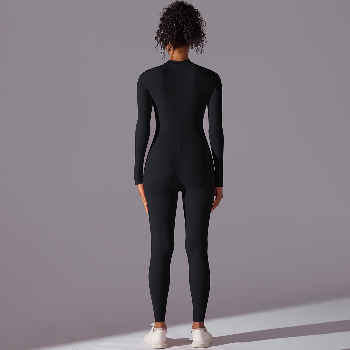 Cross-Border European And American Solid Color High Elastic Half Zipper Tight Jumpsuit Sports Running Fitness Long_desvips.com