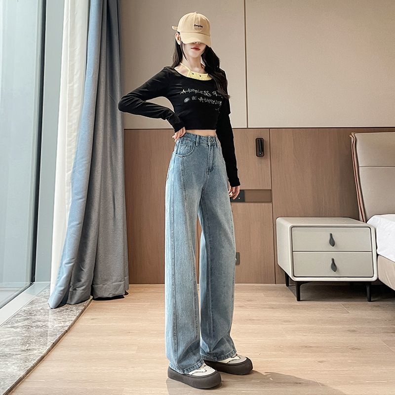 girl Light Blue Early Spring High Waist Denim Wide Leg Women 2025 New Loose Versatile Fashion Floor-Length Straight Pants_voghion.com