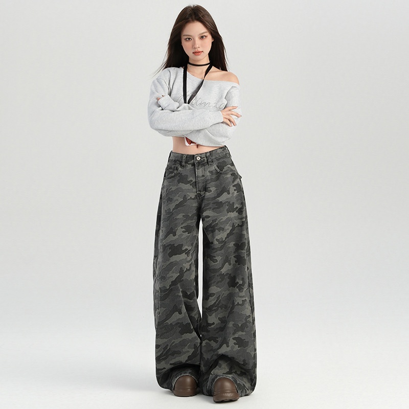 Dziewczyna Pomarańczowy Jedwab Odzież Damska#Amerykański Styl Gorąca Dziewczyna Kamuflaż Talia Szerokie Nogawki Swobodne Kobiety Jesień Nowość High Street_voghion.com