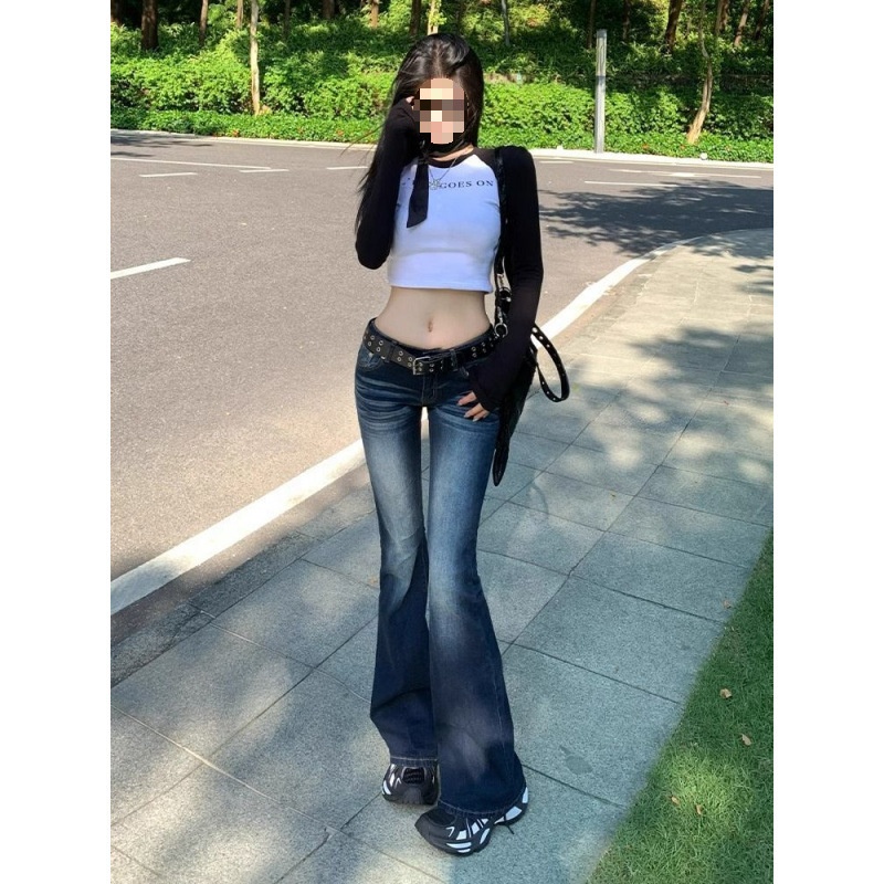 Amerikan tarzı düşük bel, bol paçalı kot pantolon, kadınlar için, Sonbahar 2025 Yeni Vintage Şık Kız Esnek Dar Kesim Zayıflatıcı Bot Paça Pantolon_voghion.com