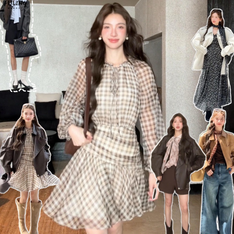 Robe courte élégante en mousseline de soie à carreaux, manches longues, style français, pour femme, collection début automne. 5 nouvelles robes courtes élégantes en mousseline de soie pour petites tailles._voghion.com