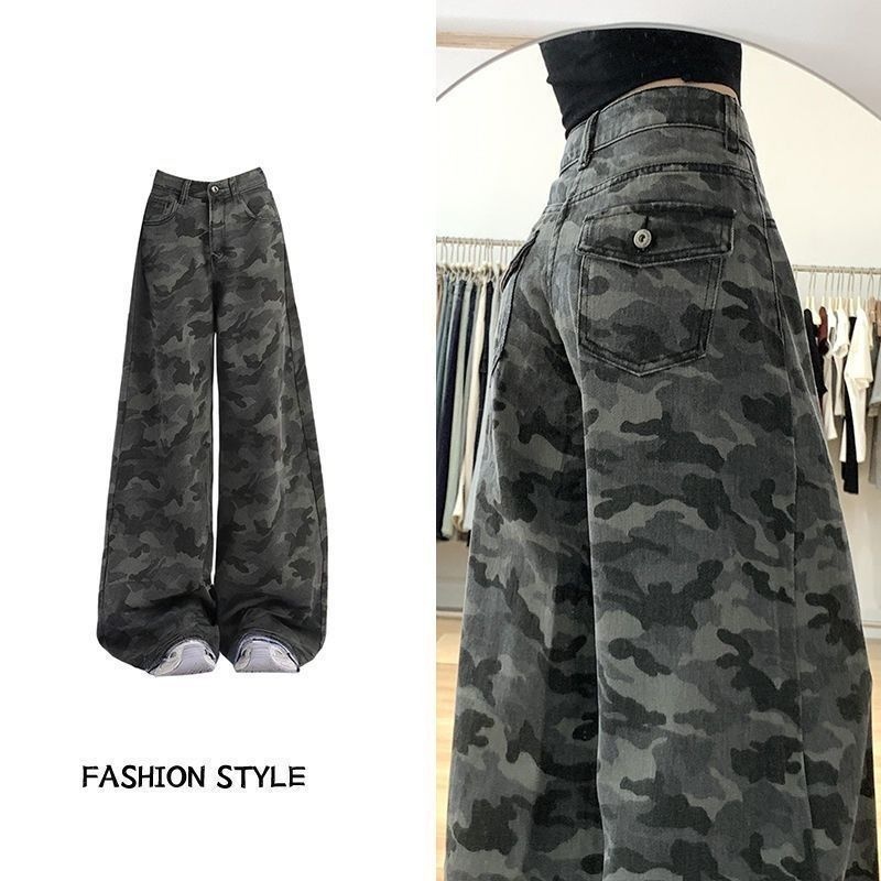 girl American Retro Camouflage Cargo Wide-Leg Straight Jeans For Women Spring New Loose Slimming Floor-Length Pants_voghion.com