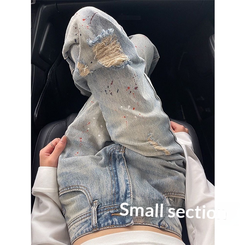 girl Ink Splash Ripped Straight Jeans For Women Spring New Small Size High Waist Loose Slim Narrow Wide Leg Pants Trendy_voghion.com