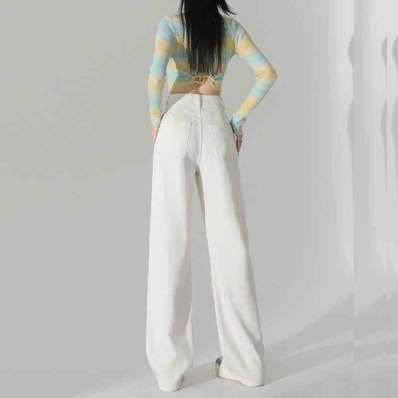 girl White High-Waisted Wide-Leg Jeans For Women Spring Summer 2024 New Pear-Shaped Loose Straight Draped Floor-Length Pants_voghion.com