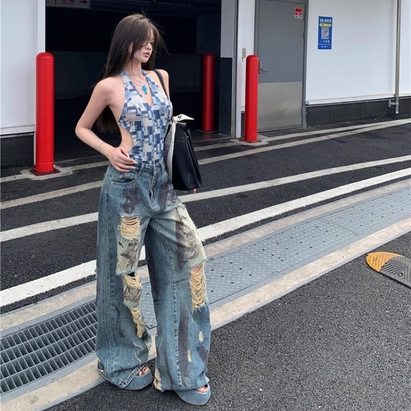 girl Vintage Distressed Straight-Leg Jeans For Women Summer Slimming Hot Girl Wide-Leg Pants Casual High-Waist Floor-Length_voghion.com