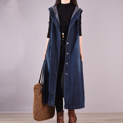Globelle 2024 Spring New Plus Size Women's Loose Long Outerwear Single-Breasted Denim Sleeveless Hooded Vest_voghion.com