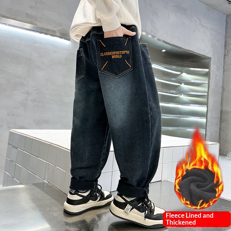 BOY BOY Children's With Lining, New Autumn And Winter Korean Style Boys' Pocket Embroidered Fleece Jeans, Loose Fit Long Pants_mkmklike.com