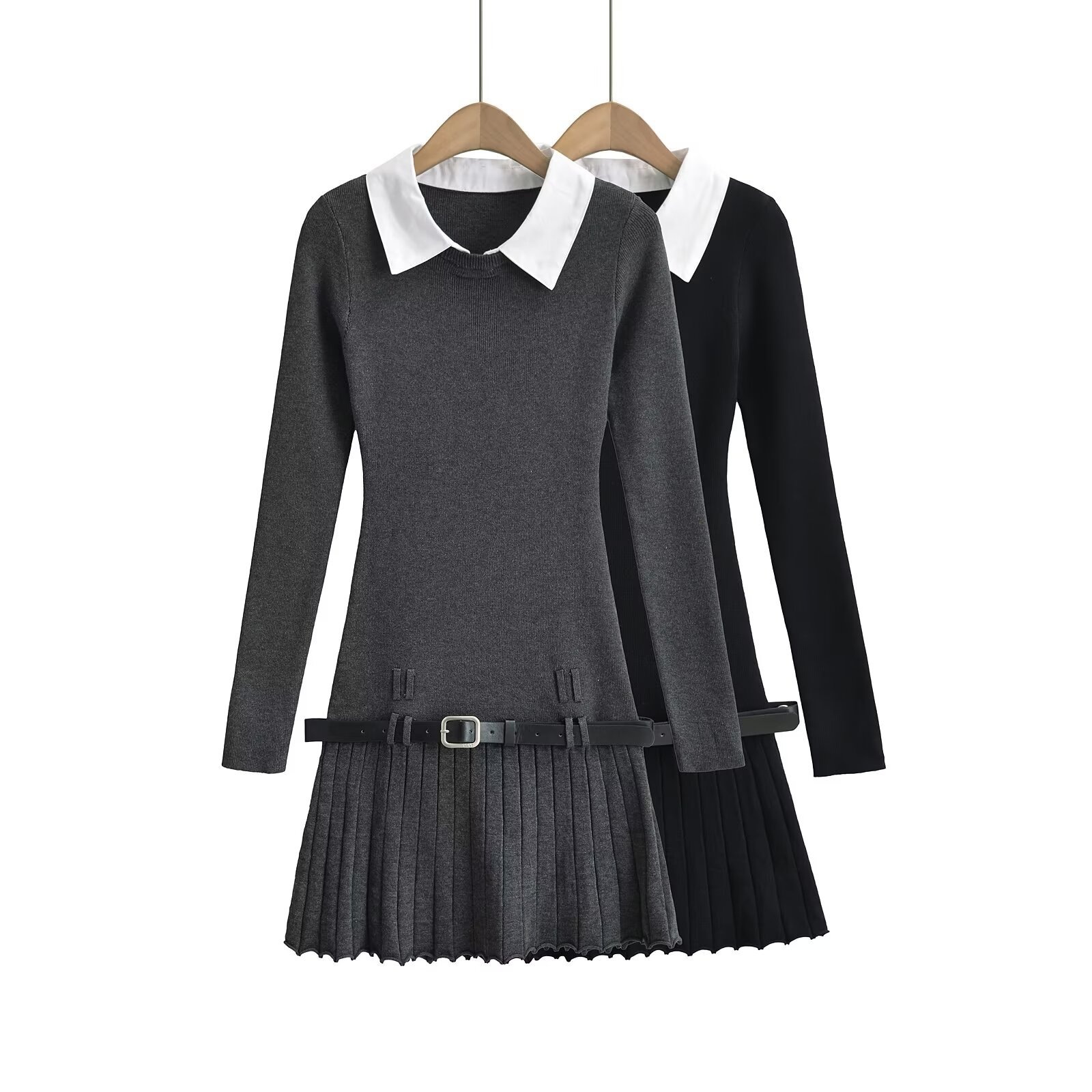 ELLE American Retro Zweiteiler Hemdkragenkleid für Damen im College-Stil für den frühen Herbst, schmal geschnitten, mit Falten und Patchwork-Gürtel_voghion.com