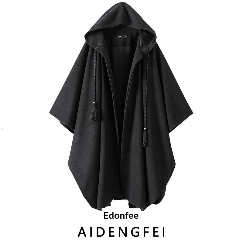 Mädchen und amerikanischer Herbst Winter Neuer europäischer Stil Schwarzer lockerer langer Wollmantel mit Kapuze Unisex Freizeitmantel_voghion.com