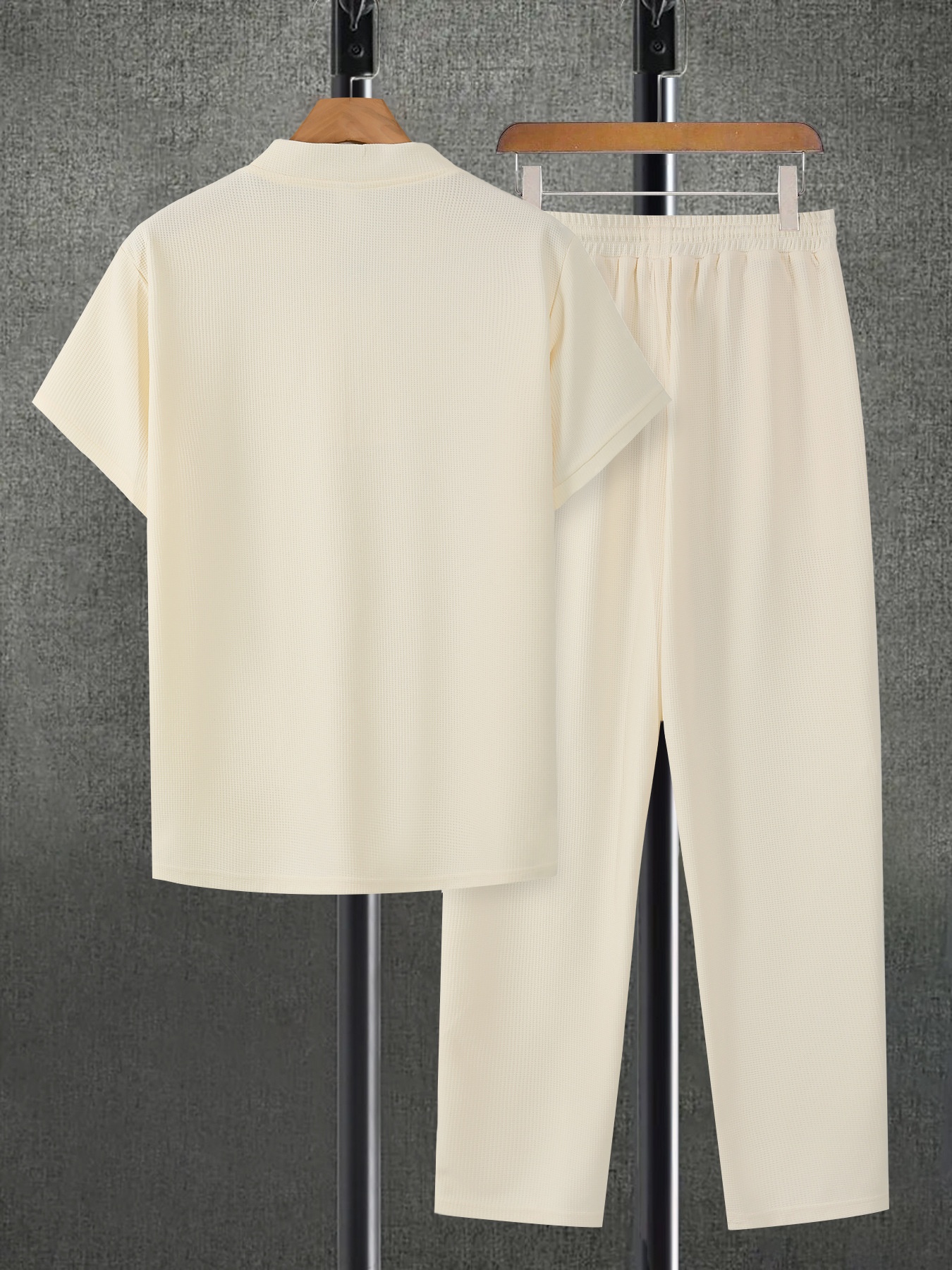 Grensoverschrijdend herenpak met wafelkraag, korte mouwen, lente/zomer trui, casual effen lange broek, tweedelig_voghion.com