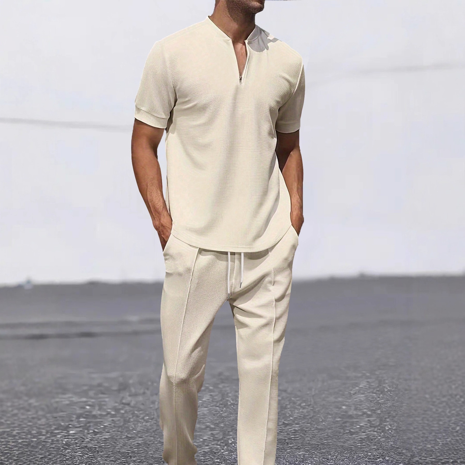 Grensoverschrijdend herenpak met wafelkraag, korte mouwen, lente/zomer trui, casual effen lange broek, tweedelig_voghion.com