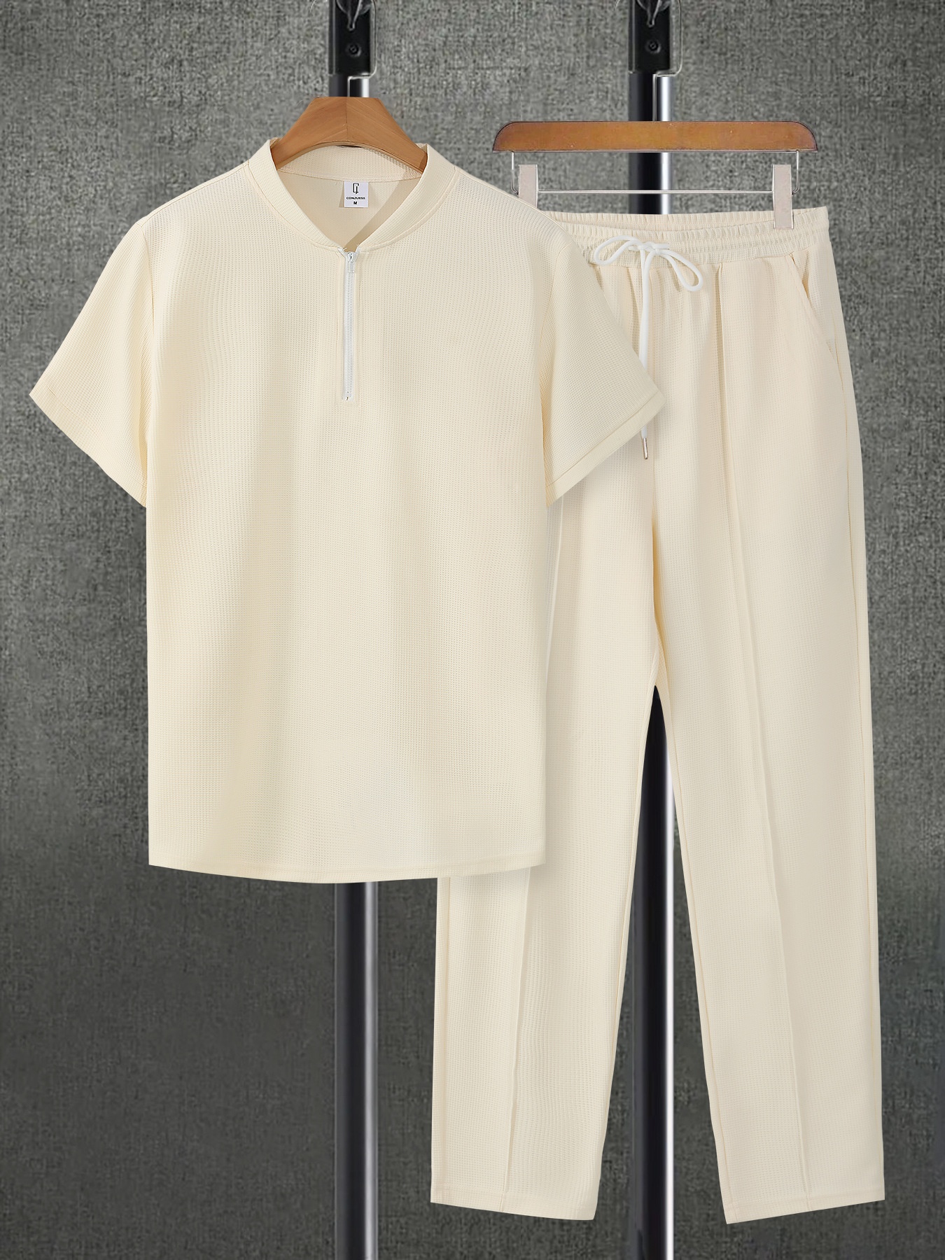 Grensoverschrijdend herenpak met wafelkraag, korte mouwen, lente/zomer trui, casual effen lange broek, tweedelig_voghion.com