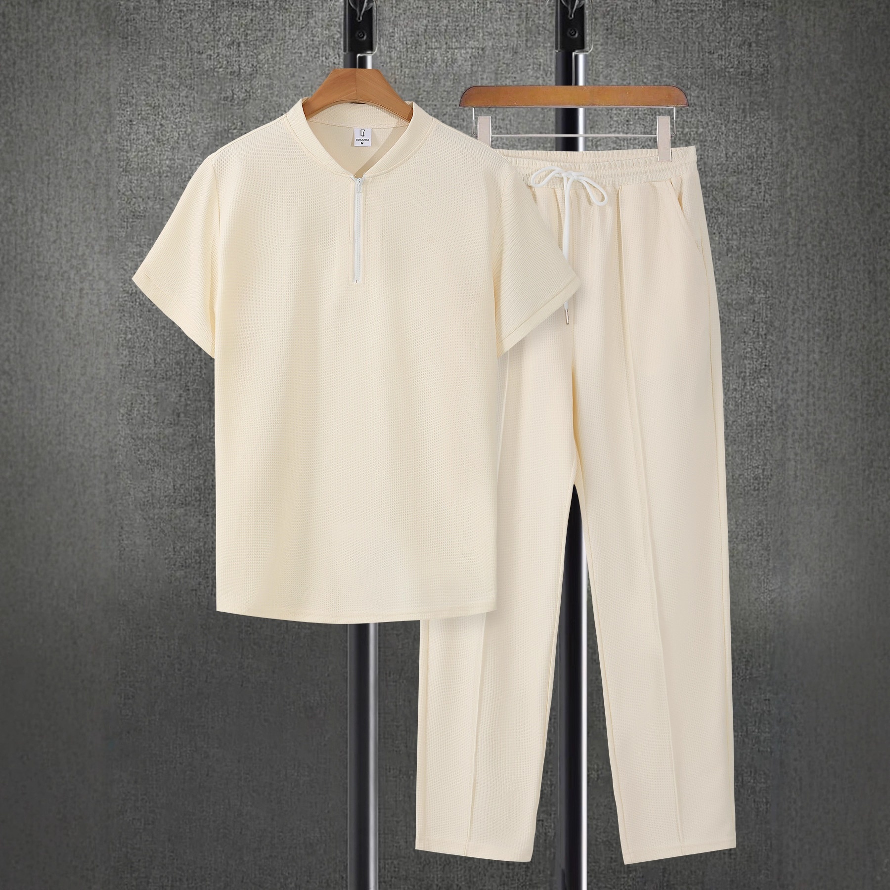 Grensoverschrijdend herenpak met wafelkraag, korte mouwen, lente/zomer trui, casual effen lange broek, tweedelig_voghion.com