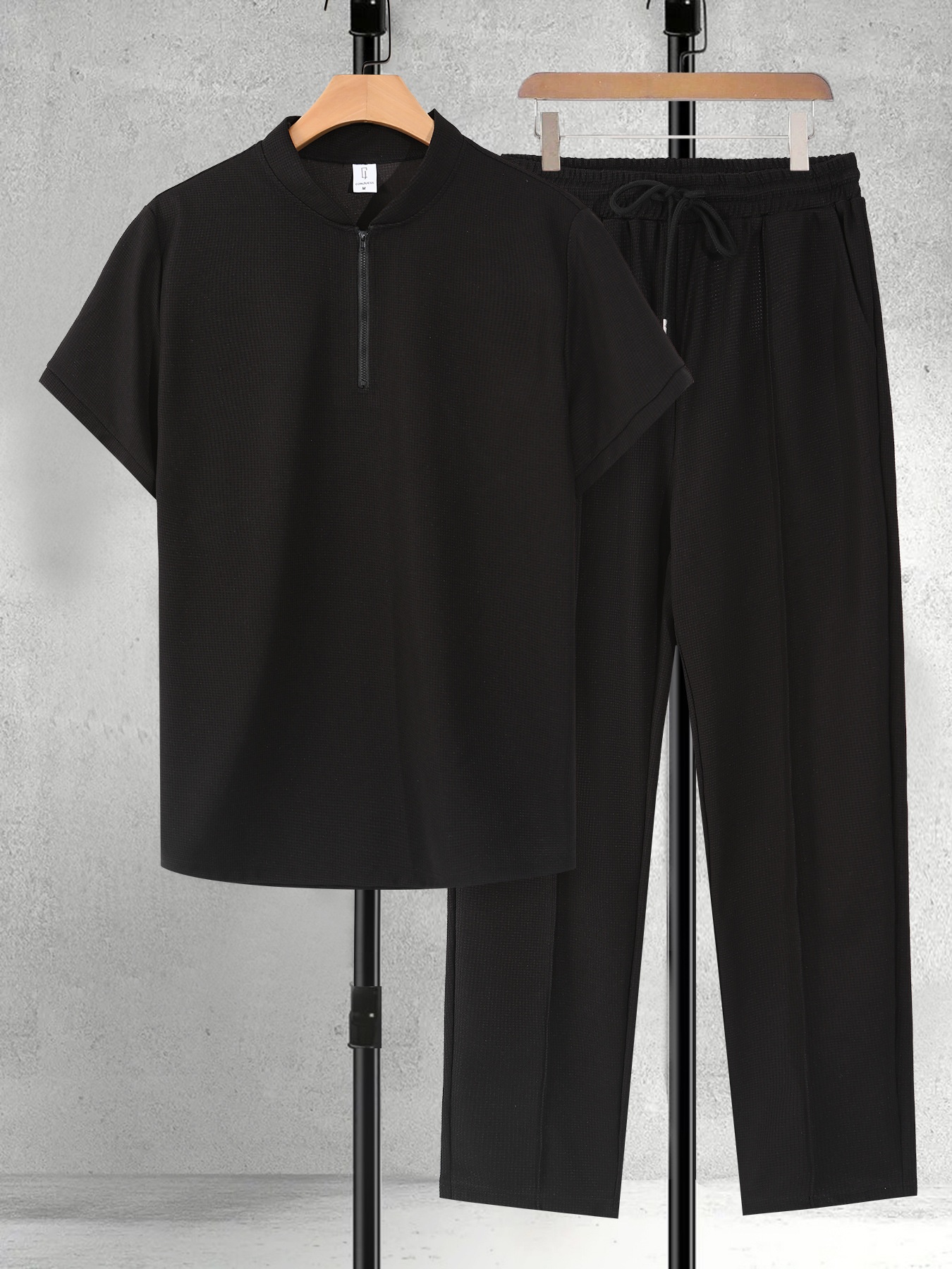 Grensoverschrijdend herenpak met wafelkraag, korte mouwen, lente/zomer trui, casual effen lange broek, tweedelig_voghion.com