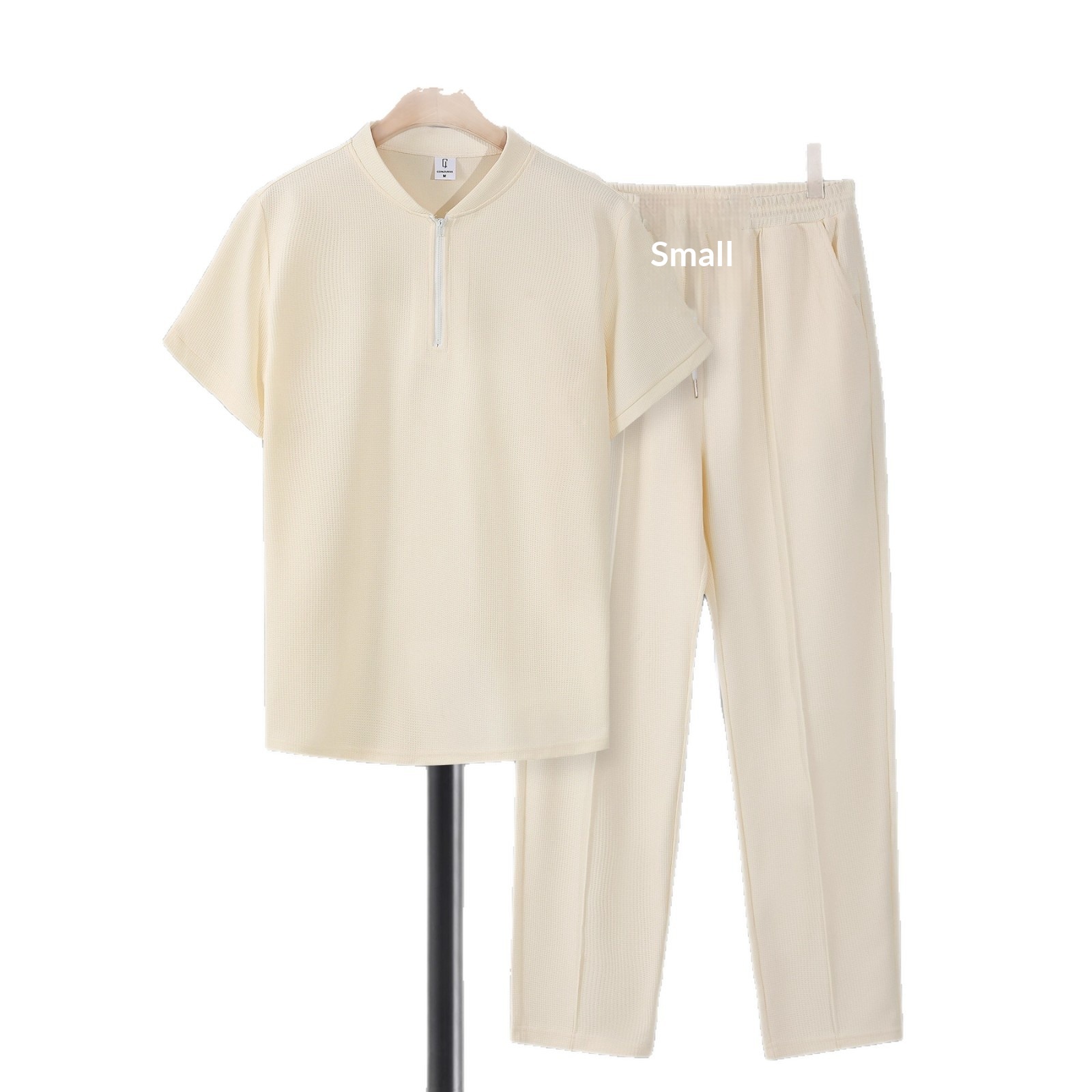 Grensoverschrijdend herenpak met wafelkraag, korte mouwen, lente/zomer trui, casual effen lange broek, tweedelig_voghion.com