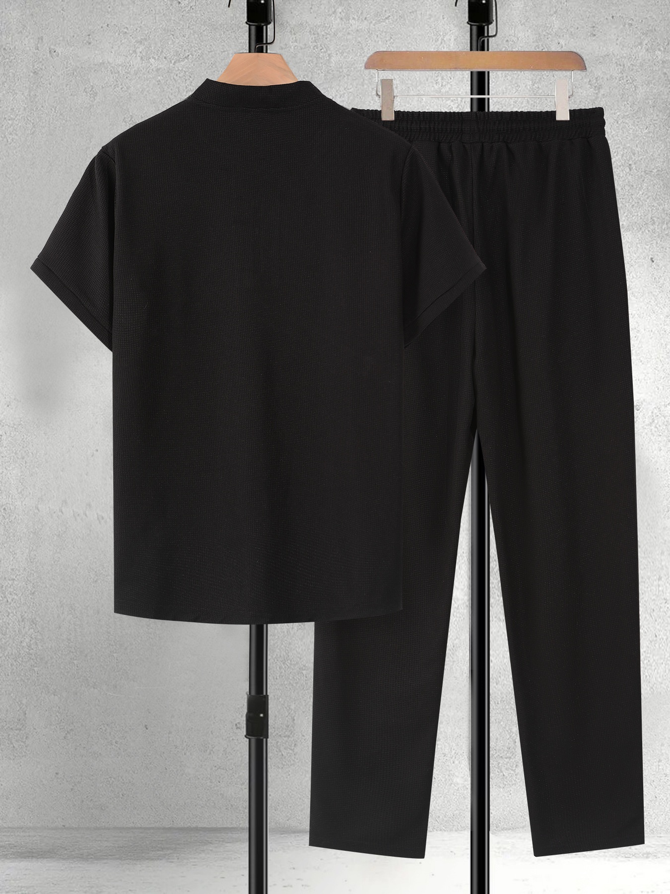 Grensoverschrijdend herenpak met wafelkraag, korte mouwen, lente/zomer trui, casual effen lange broek, tweedelig_voghion.com