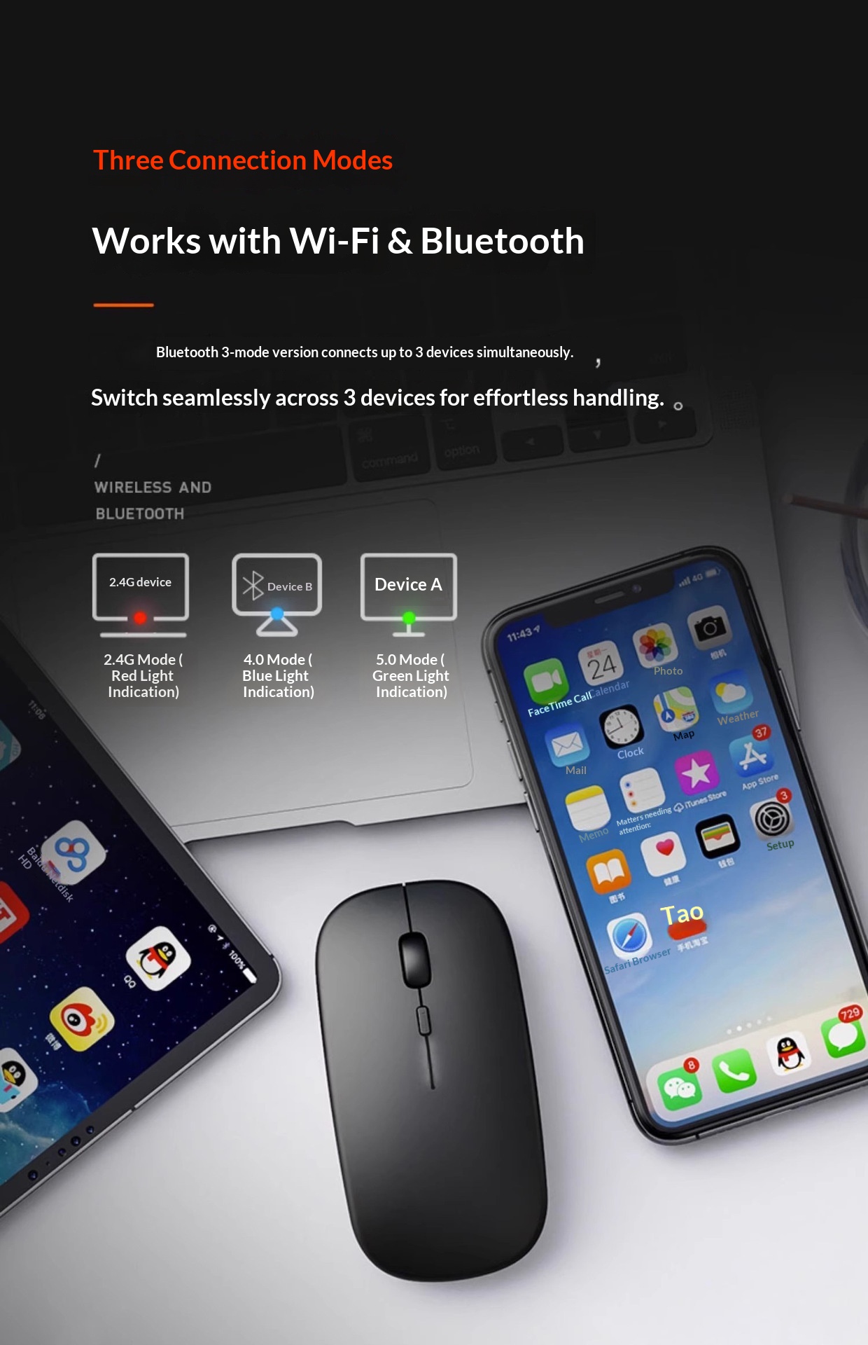 Souris sans fil silencieuse Bluetooth pour ordinateur portable, tablette ou bureau_voghion.com