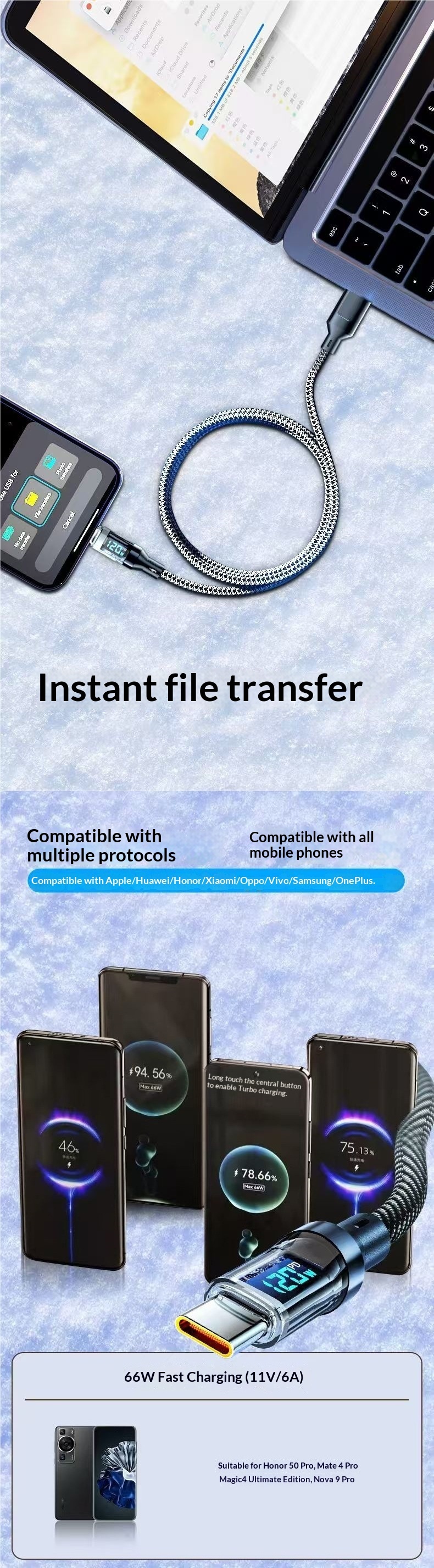 Digitex Smart Display Data Type-C 120W Fast Charging Cable Compatible With Huawei Honor OPPO Android Vivo_voghion.com