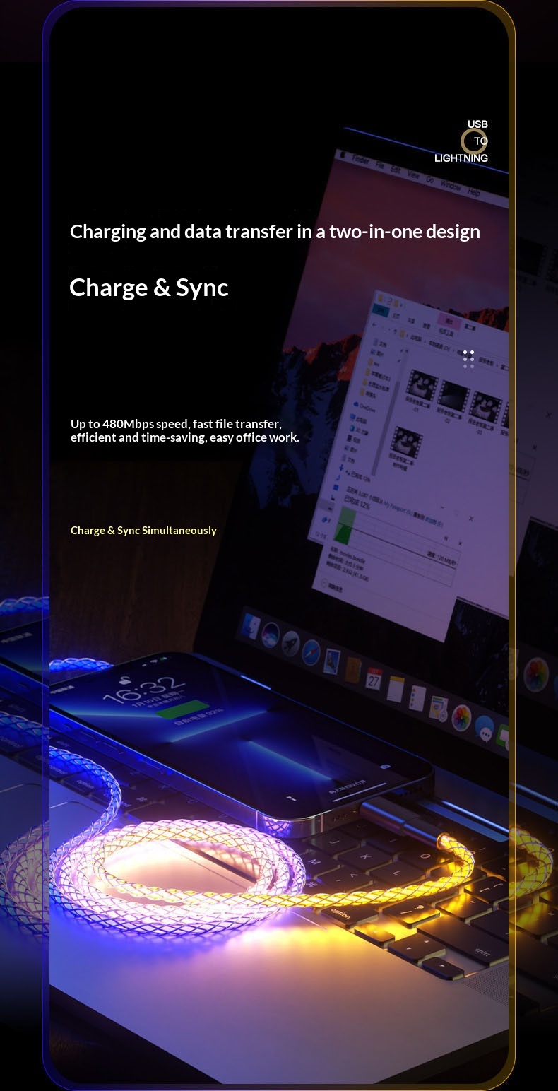Digitex RGB Auto-Ladegerät mit leuchtendem, atmendem Farbverlauf, PD-Superschnellladefunktion, kompatibel mit Android Typ-C-Datenkabel_voghion.com