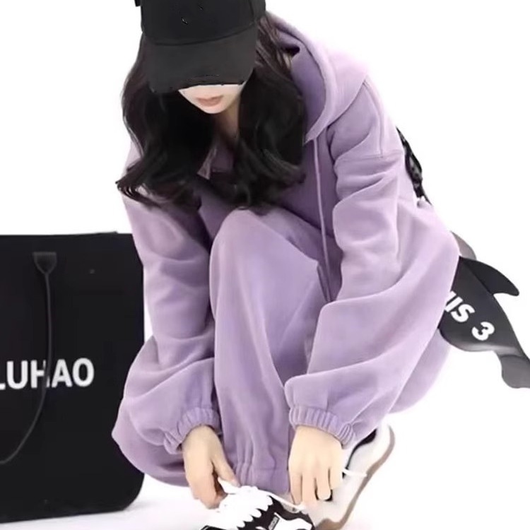Conjunto de moletom roxo feminino, novo modelo folgado e elegante para outono/inverno, composto por blusa e calça de moletom. Conjunto casual e moderno de duas peças._voghion.com