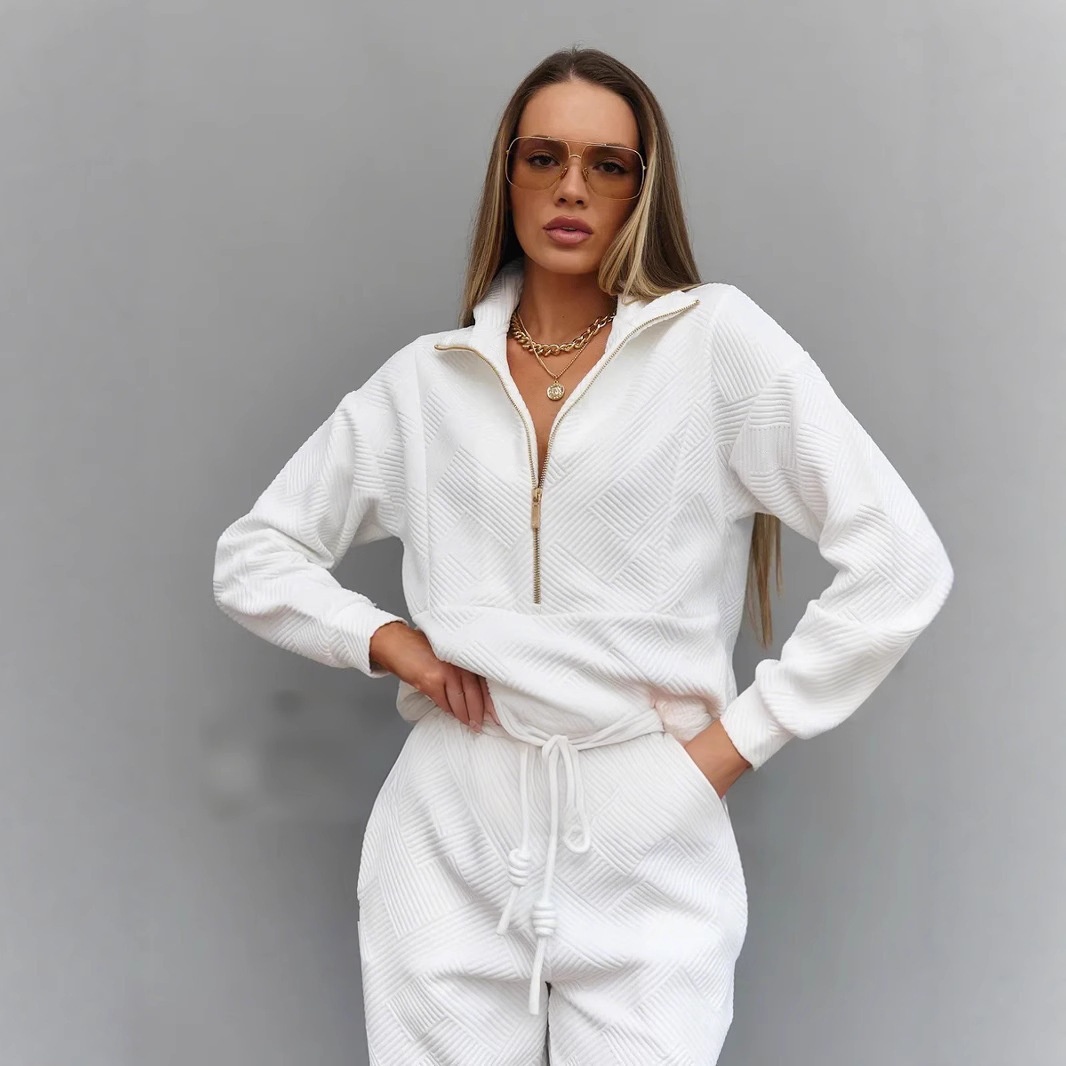 Cross-Border Casual European And American Women's Solid Color Sleeve Zipper Loose Top Tie Long Pans Two-Piece_desvips.com