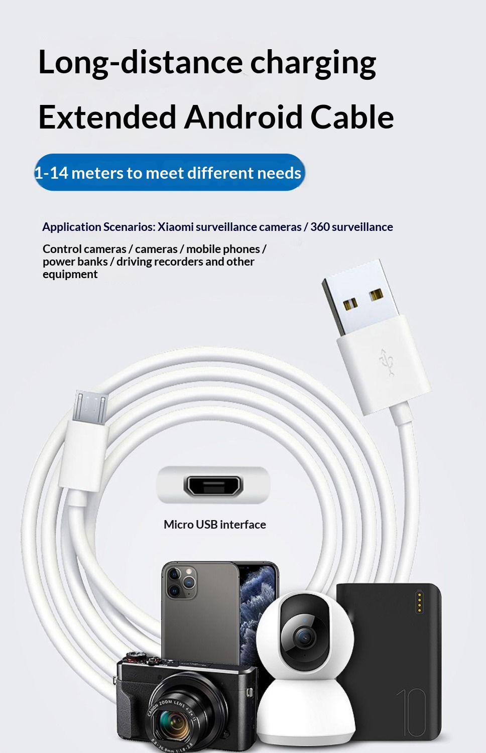 Micro-caméra de surveillance Digitex avec câble d'alimentation USB et port de charge étendu de 3,5 m à 10 m pour Android (transport transfrontalier)_voghion.com