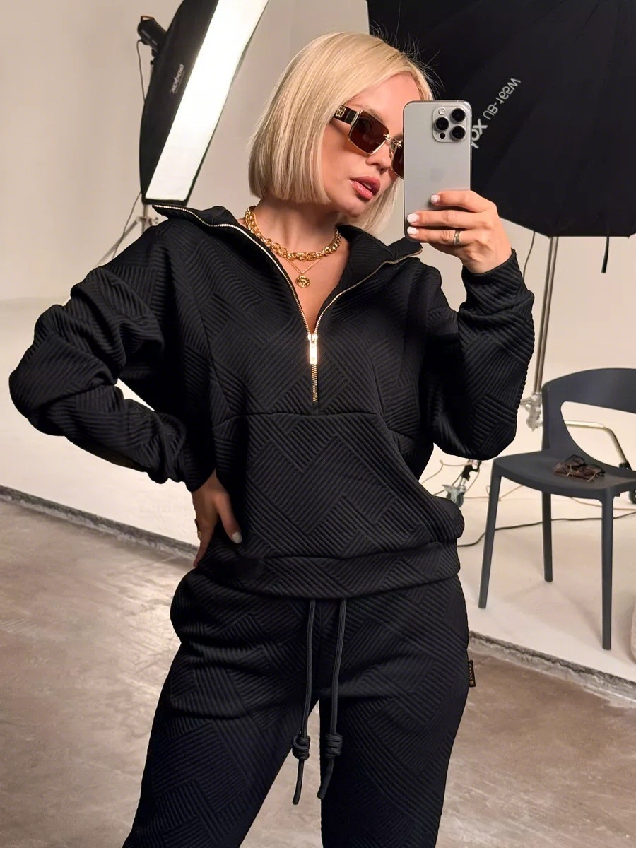 Cross-Border Casual European And American Women's Solid Color Sleeve Zipper Loose Top Tie Long Pans Two-Piece_desvips.com