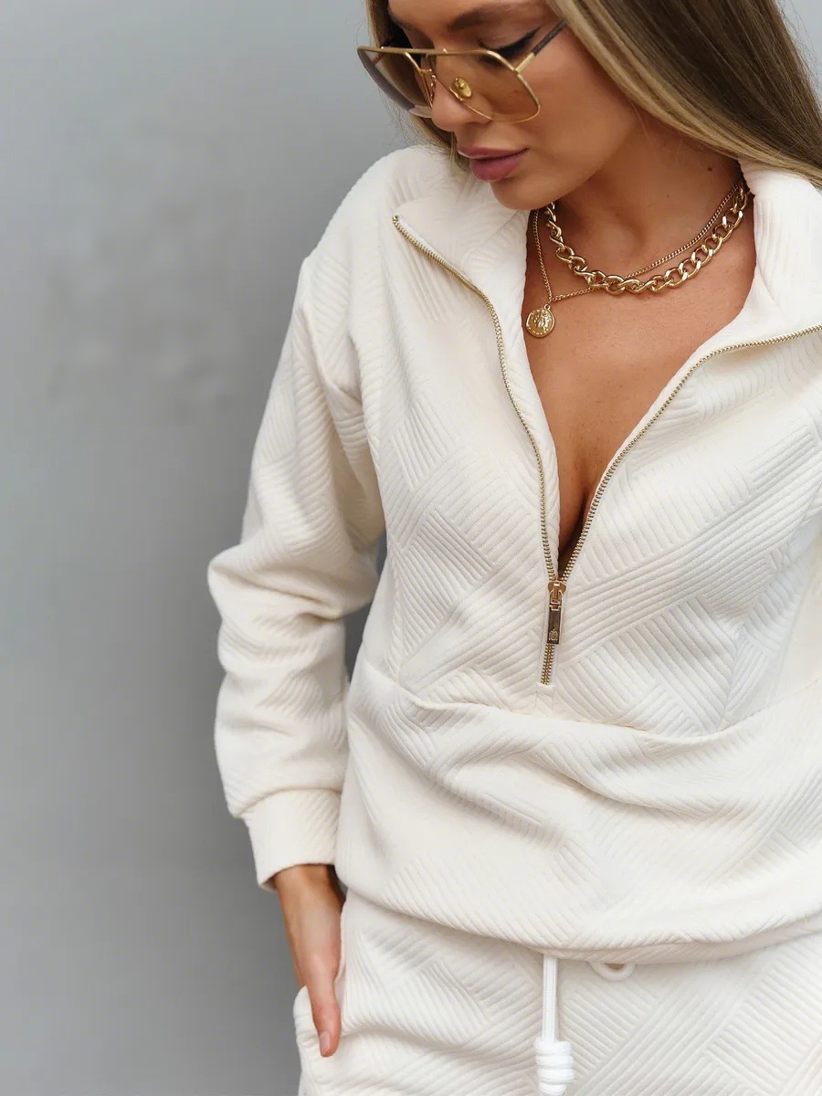 Cross-Border Casual European And American Women's Solid Color Sleeve Zipper Loose Top Tie Long Pans Two-Piece_desvips.com