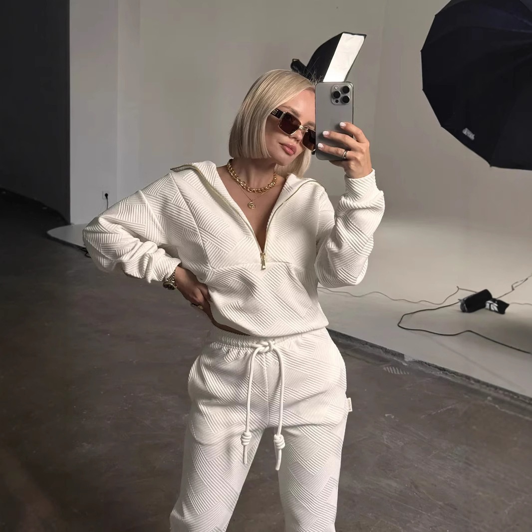 Cross-Border Casual European And American Women's Solid Color Sleeve Zipper Loose Top Tie Long Pans Two-Piece_desvips.com