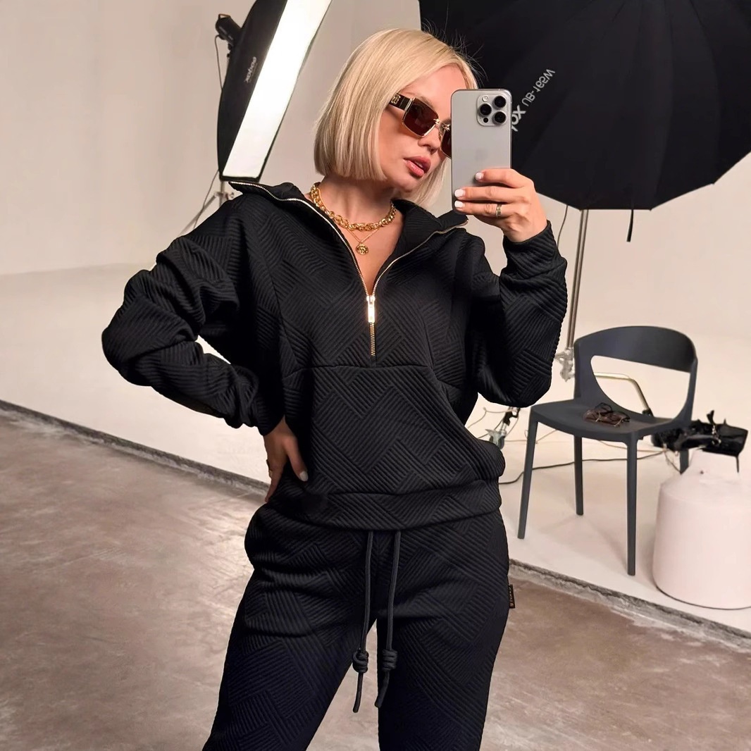 Cross-Border Casual European And American Women's Solid Color Sleeve Zipper Loose Top Tie Long Pans Two-Piece_desvips.com