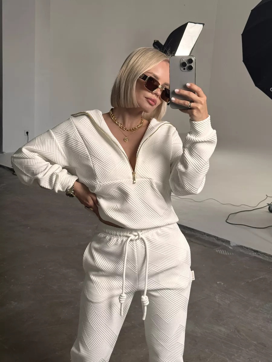 Cross-Border Casual European And American Women's Solid Color Sleeve Zipper Loose Top Tie Long Pans Two-Piece_desvips.com