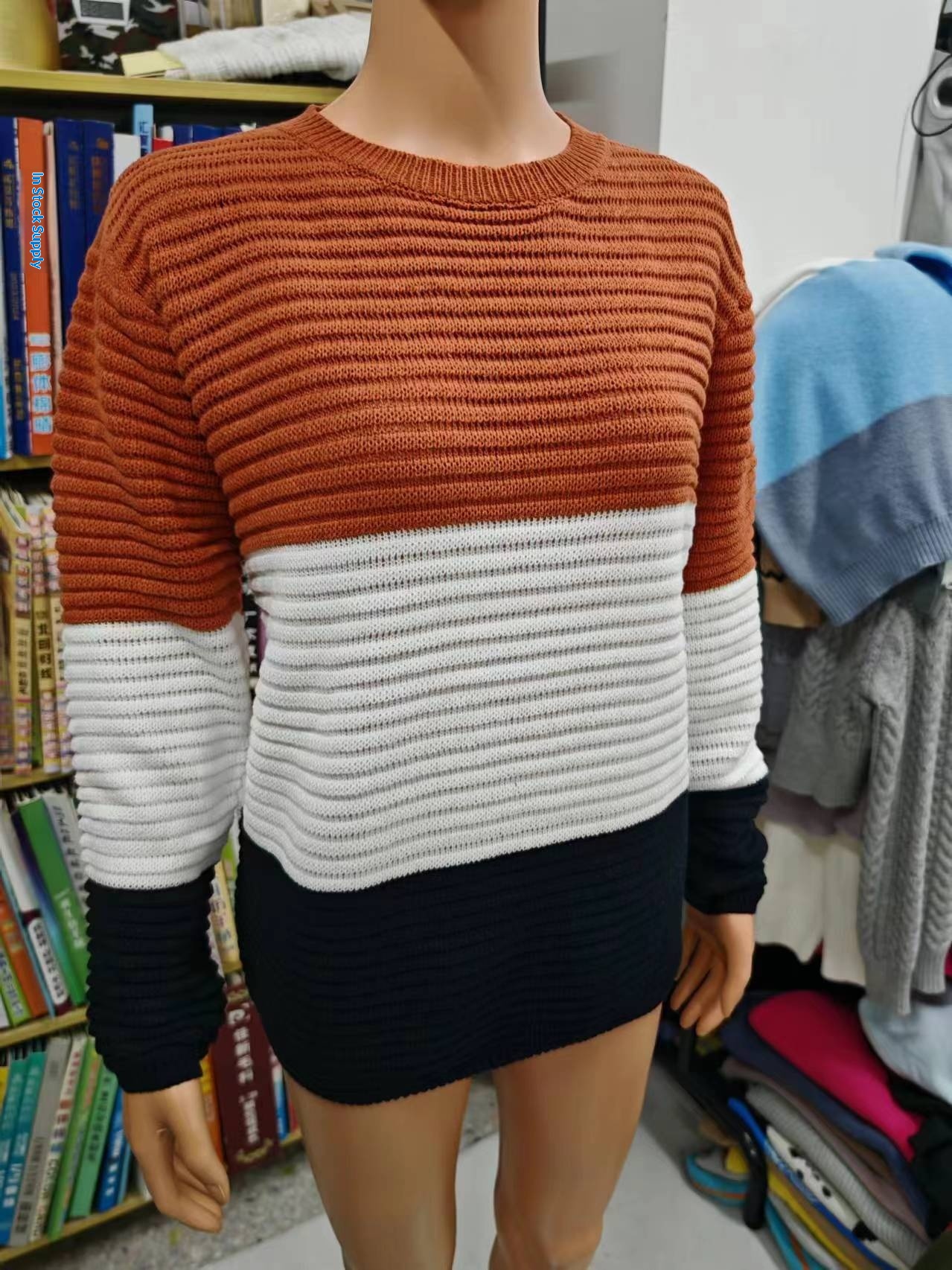 2024 New Cross-Border Top For Women, Elegant Retro Slim Fit Long Sleeve Round Neck Color-Block Knitted Sweater_desvips.com
