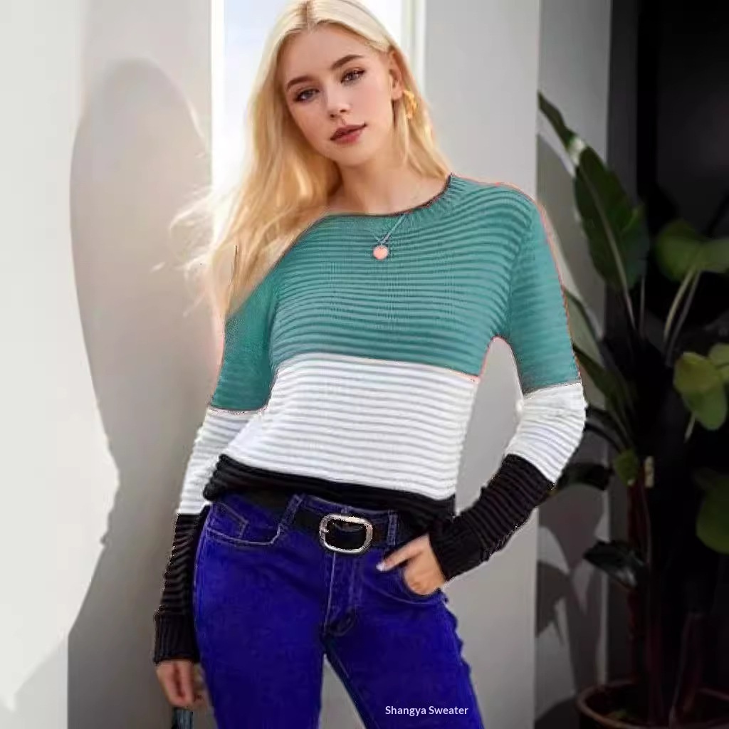 2024 New Cross-Border Top For Women, Elegant Retro Slim Fit Long Sleeve Round Neck Color-Block Knitted Sweater_desvips.com