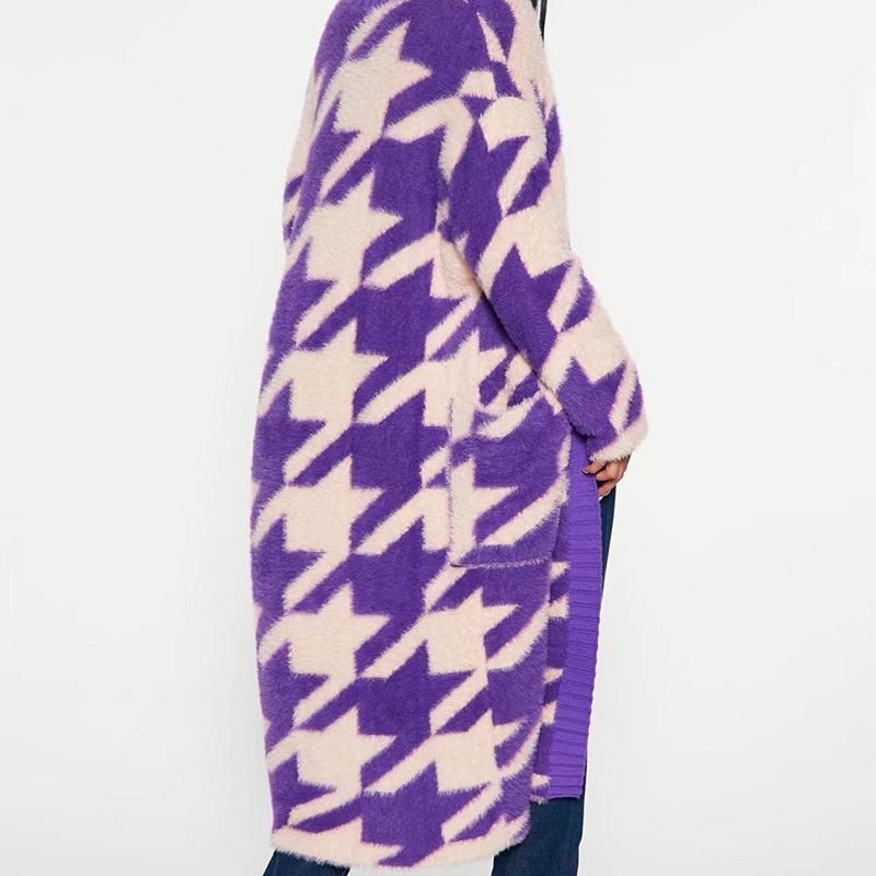 Cross-Border 2023 Fashion Trend Geometric Houndstooth Pattern Knitted Jacket Elegant Long Sleeve Mink Coat_voghion.com
