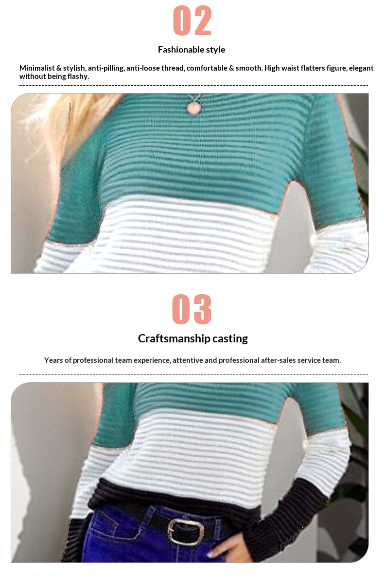 2024 New Cross-Border Top For Women, Elegant Retro Slim Fit Long Sleeve Round Neck Color-Block Knitted Sweater_desvips.com