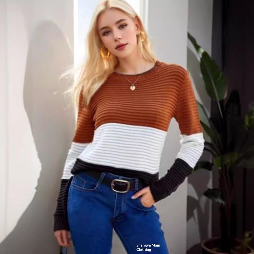 2024 New Cross-Border Top For Women, Elegant Retro Slim Fit Long Sleeve Round Neck Color-Block Knitted Sweater_desvips.com