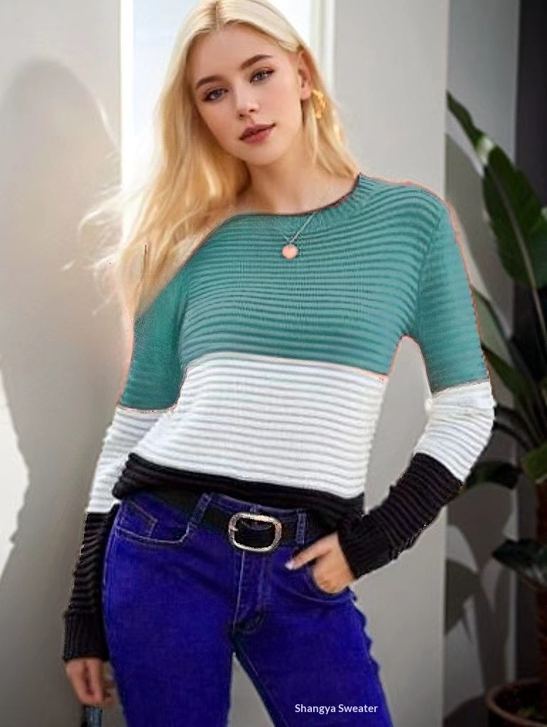 2024 New Cross-Border Top For Women, Elegant Retro Slim Fit Long Sleeve Round Neck Color-Block Knitted Sweater_desvips.com