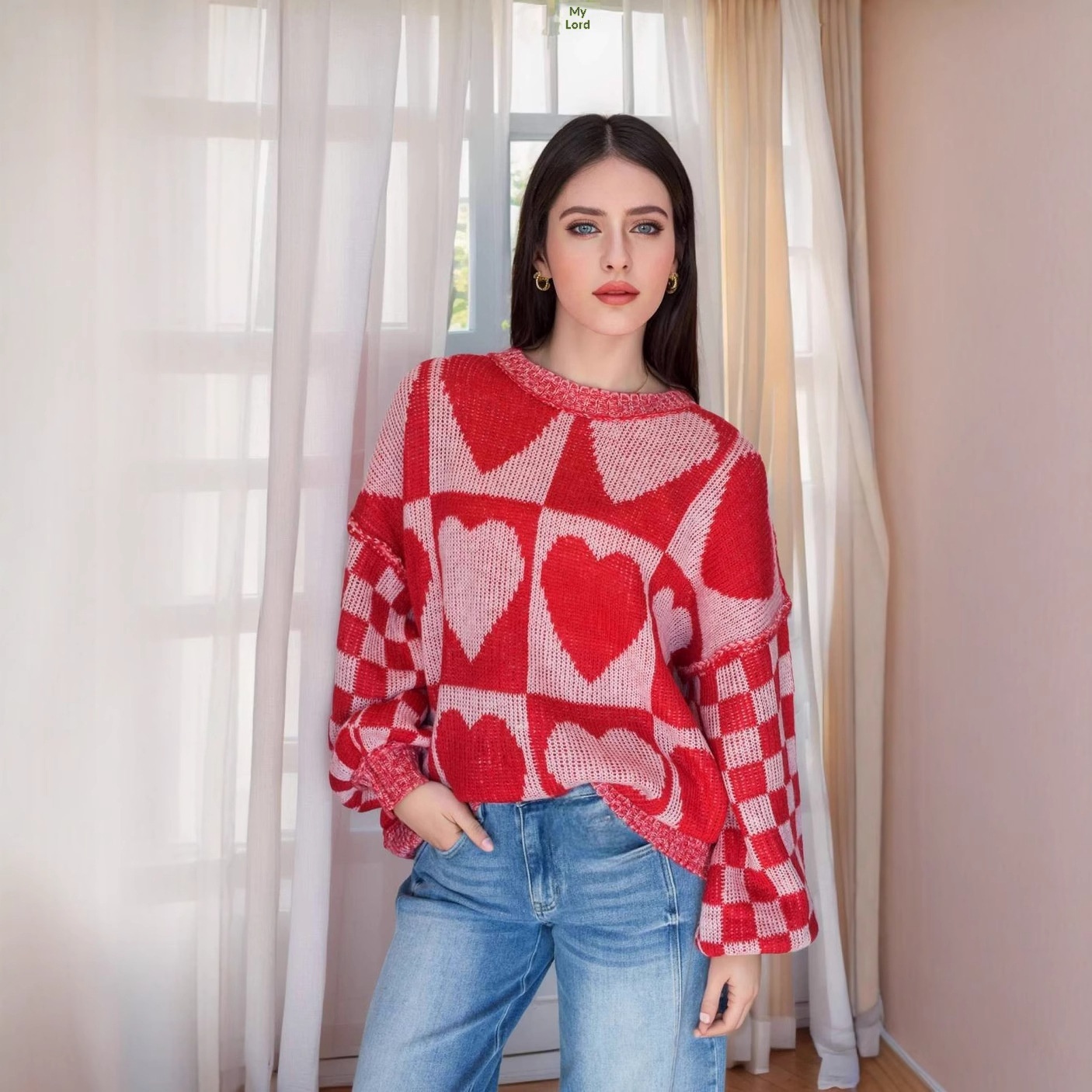 Nieuwe, losse, casual trui met hartjes en middellange mouwen, comfortabele stijl, dikke gebreide top met ronde hals._voghion.com