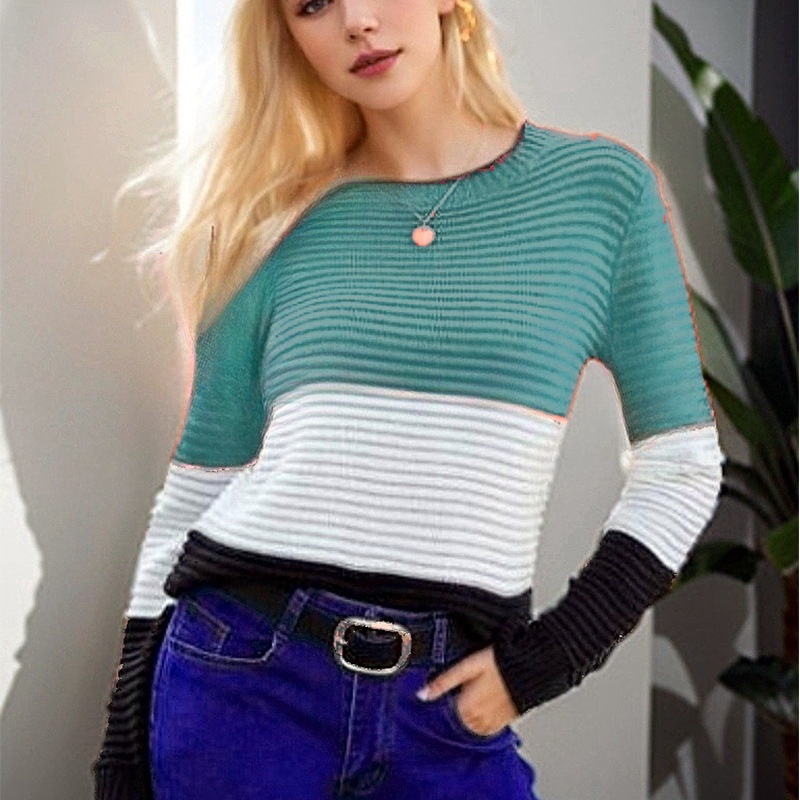 2024 New Cross-Border Top For Women, Elegant Retro Slim Fit Long Sleeve Round Neck Color-Block Knitted Sweater_desvips.com